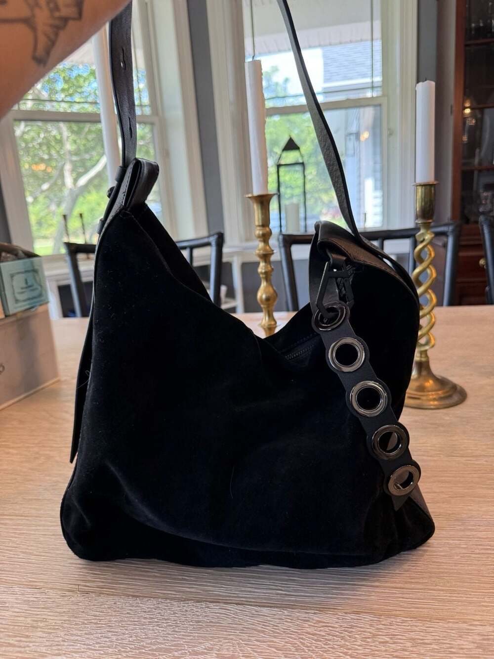 Kendall + Kylie Molly Black Suede Leather Shoulder Hobo Bag with Grommet Detail